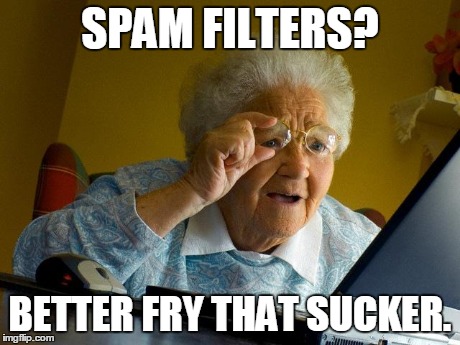 Grandma Finds The Internet Meme | SPAM FILTERS? BETTER FRY THAT SUCKER. | image tagged in memes,grandma finds the internet | made w/ Imgflip meme maker