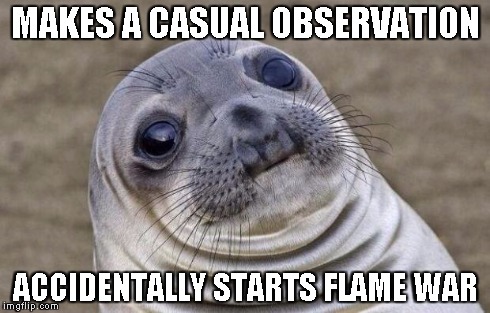 I didn't mean to, I swear! | MAKES A CASUAL OBSERVATION ACCIDENTALLY STARTS FLAME WAR | image tagged in memes,awkward moment sealion | made w/ Imgflip meme maker