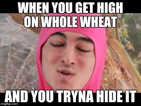 WHEN YOU GET HIGH ON WHOLE WHEAT AND YOU TRYNA HIDE IT | image tagged in pink guy | made w/ Imgflip meme maker