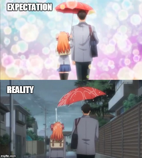 Gekkan Shoujo Nozaki-kun Expectation Reality | EXPECTATION REALITY | image tagged in expectation,reality,gekkan shoujo nozaki-kun,funny meme,rain,couple | made w/ Imgflip meme maker
