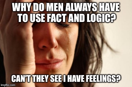 First World Problems | WHY DO MEN ALWAYS HAVE TO USE FACT AND LOGIC? CAN'T THEY SEE I HAVE FEELINGS? | image tagged in memes,first world problems | made w/ Imgflip meme maker