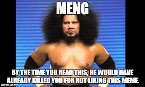 this is how dangerous he is. | MENG BY THE TIME YOU READ THIS, HE WOULD HAVE ALREADY KILLED YOU FOR NOT LIKING THIS MEME. | image tagged in meng,wrestling | made w/ Imgflip meme maker