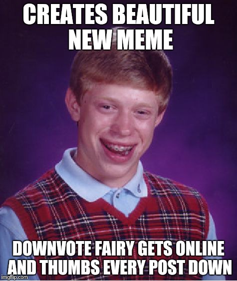 Bad Luck Brian | CREATES BEAUTIFUL NEW MEME DOWNVOTE FAIRY GETS ONLINE AND THUMBS EVERY POST DOWN | image tagged in memes,bad luck brian | made w/ Imgflip meme maker