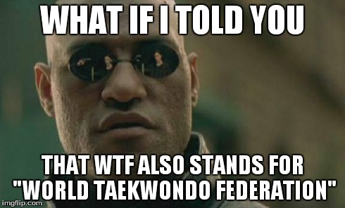 Matrix Morpheus | WHAT IF I TOLD YOU THAT WTF ALSO STANDS FOR "WORLD TAEKWONDO FEDERATION" | image tagged in memes,matrix morpheus | made w/ Imgflip meme maker