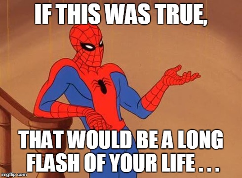 Spiderman Debate | IF THIS WAS TRUE, THAT WOULD BE A LONG FLASH OF YOUR LIFE . . . | image tagged in spiderman debate | made w/ Imgflip meme maker