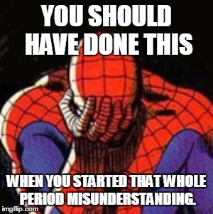 Spiderman Facepalm  | YOU SHOULD HAVE DONE THIS WHEN YOU STARTED THAT WHOLE PERIOD MISUNDERSTANDING. | image tagged in spiderman facepalm  | made w/ Imgflip meme maker