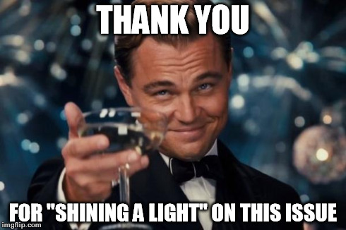 Leonardo Dicaprio Cheers Meme | THANK YOU FOR "SHINING A LIGHT" ON THIS ISSUE | image tagged in memes,leonardo dicaprio cheers | made w/ Imgflip meme maker