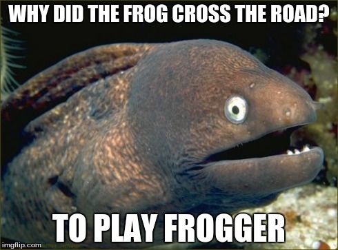 Bad Joke Eel Meme | WHY DID THE FROG CROSS THE ROAD? TO PLAY FROGGER | image tagged in memes,bad joke eel | made w/ Imgflip meme maker