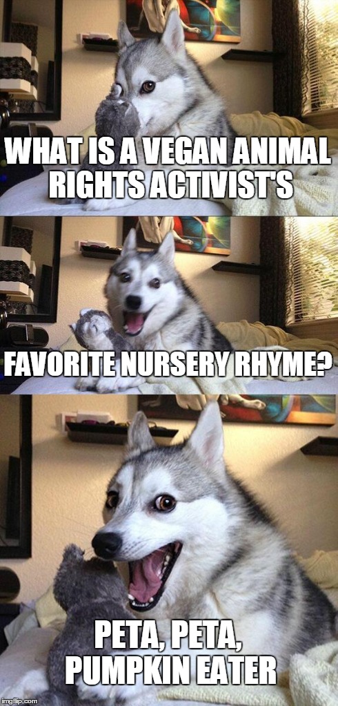 Bad Pun Dog | WHAT IS A VEGAN ANIMAL RIGHTS ACTIVIST'S FAVORITE NURSERY RHYME? PETA, PETA, PUMPKIN EATER | image tagged in memes,bad pun dog | made w/ Imgflip meme maker