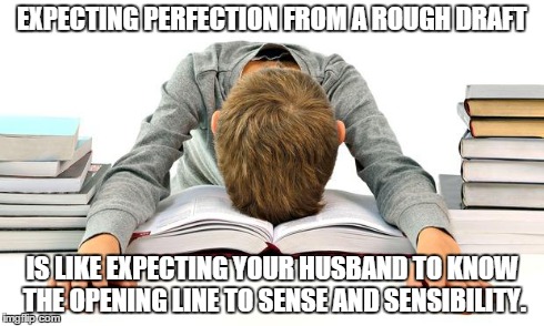 Books | EXPECTING PERFECTION FROM A ROUGH DRAFT IS LIKE EXPECTING YOUR HUSBAND TO KNOW THE OPENING LINE TO SENSE AND SENSIBILITY. | image tagged in books | made w/ Imgflip meme maker