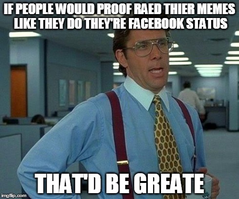 That Would Be Great | IF PEOPLE WOULD PROOF RAED THIER MEMES LIKE THEY DO THEY'RE FACEBOOK STATUS THAT'D BE GREATE | image tagged in memes,that would be great | made w/ Imgflip meme maker