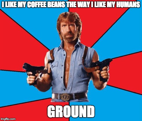 Chuck Norris With Guns Meme | I LIKE MY COFFEE BEANS THE WAY I LIKE MY HUMANS GROUND | image tagged in chuck norris | made w/ Imgflip meme maker