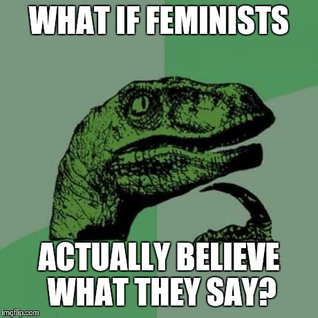 Philosoraptor Meme | WHAT IF FEMINISTS ACTUALLY BELIEVE WHAT THEY SAY? | image tagged in memes,philosoraptor | made w/ Imgflip meme maker