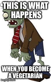 PvZ zombie | THIS IS WHAT HAPPENS WHEN YOU BECOME A VEGETARIAN | image tagged in pvz zombie | made w/ Imgflip meme maker