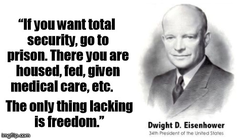 Dwight D. Eisenhower Freedom Quote | “If you want total security, go to prison. There you are housed, fed, given medical care, etc. The only thing lacking is freedom.” | image tagged in freedom,president | made w/ Imgflip meme maker