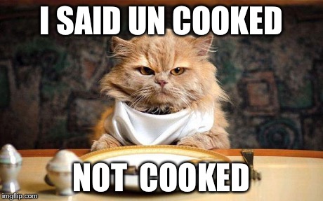 I SAID UN COOKED NOT  COOKED | image tagged in funny cat memes | made w/ Imgflip meme maker