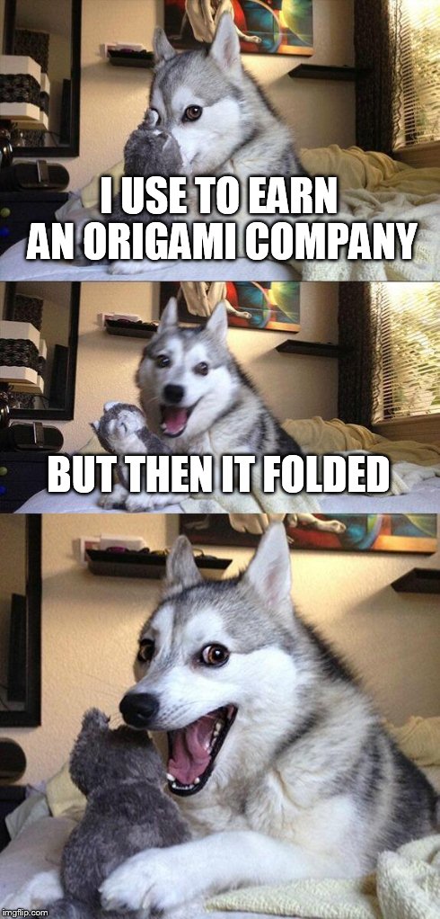 Bad Pun Dog Meme | I USE TO EARN AN ORIGAMI COMPANY BUT THEN IT FOLDED | image tagged in memes,bad pun dog | made w/ Imgflip meme maker