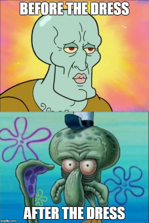 Squidward | BEFORE THE DRESS AFTER THE DRESS | image tagged in memes,squidward | made w/ Imgflip meme maker