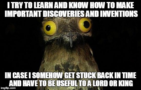 Weird Stuff I Do Potoo | I TRY TO LEARN AND KNOW HOW TO MAKE IMPORTANT DISCOVERIES AND INVENTIONS IN CASE I SOMEHOW GET STUCK BACK IN TIME AND HAVE TO BE USEFUL TO A | image tagged in memes,weird stuff i do potoo,AdviceAnimals | made w/ Imgflip meme maker