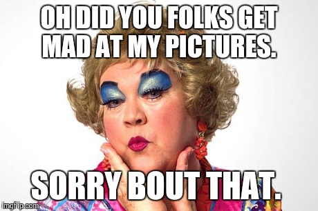 Mimi | OH DID YOU FOLKS GET MAD AT MY PICTURES. SORRY BOUT THAT. | image tagged in mimi | made w/ Imgflip meme maker