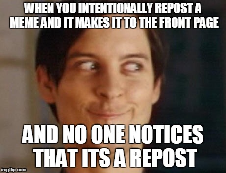 Every reposter's dream | WHEN YOU INTENTIONALLY REPOST A MEME AND IT MAKES IT TO THE FRONT PAGE AND NO ONE NOTICES THAT ITS A REPOST | image tagged in memes,spiderman peter parker,repost,lol,front page,spiderman | made w/ Imgflip meme maker