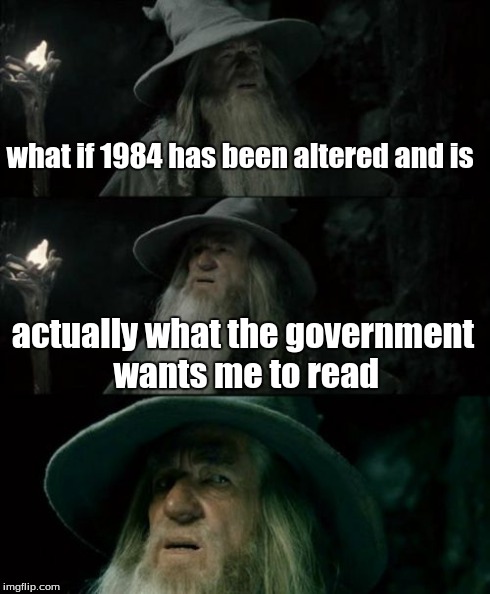 Confused Gandalf Meme | what if 1984 has been altered and is actually what the government wants me to read | image tagged in memes,confused gandalf | made w/ Imgflip meme maker
