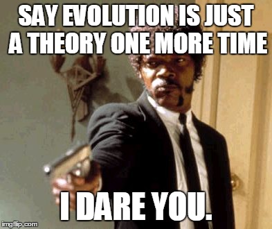Say That Again I Dare You Meme | SAY EVOLUTION IS JUST A THEORY ONE MORE TIME I DARE YOU. | image tagged in memes,say that again i dare you | made w/ Imgflip meme maker