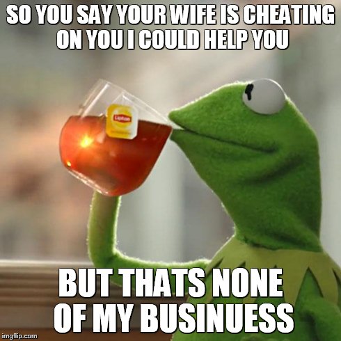 But That's None Of My Business | SO YOU SAY YOUR WIFE IS CHEATING ON YOU I COULD HELP YOU BUT THATS NONE OF MY BUSINUESS | image tagged in memes,but thats none of my business,kermit the frog | made w/ Imgflip meme maker