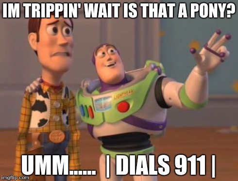 X, X Everywhere Meme | IM TRIPPIN' WAIT IS THAT A PONY? UMM......  | DIALS 911 | | image tagged in memes,x x everywhere | made w/ Imgflip meme maker