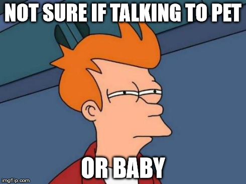 Futurama Fry | NOT SURE IF TALKING TO PET OR BABY | image tagged in memes,futurama fry | made w/ Imgflip meme maker