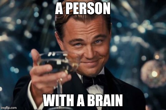 Leonardo Dicaprio Cheers Meme | A PERSON WITH A BRAIN | image tagged in memes,leonardo dicaprio cheers | made w/ Imgflip meme maker