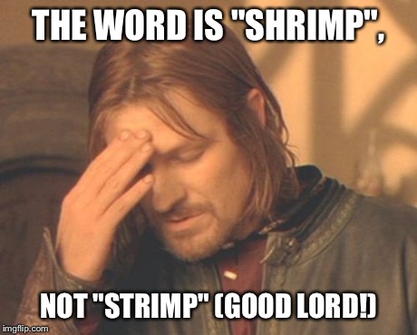 Frustrated Boromir Meme | THE WORD IS "SHRIMP", NOT "STRIMP" (GOOD LORD!) | image tagged in memes,frustrated boromir | made w/ Imgflip meme maker