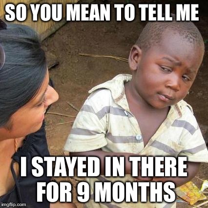 Third World Skeptical Kid Meme | SO YOU MEAN TO TELL ME I STAYED IN THERE FOR 9 MONTHS | image tagged in memes,third world skeptical kid | made w/ Imgflip meme maker