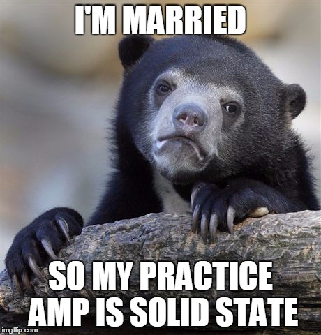 Confession Bear Meme | I'M MARRIED SO MY PRACTICE AMP IS SOLID STATE | image tagged in memes,confession bear | made w/ Imgflip meme maker