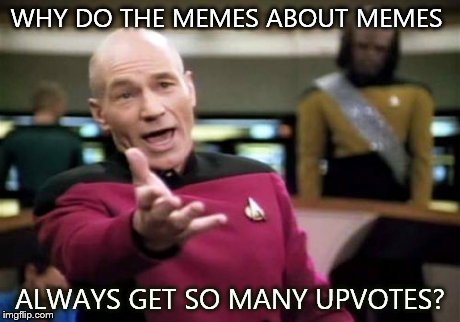 Picard Wtf | WHY DO THE MEMES ABOUT MEMES ALWAYS GET SO MANY UPVOTES? | image tagged in memes,picard wtf | made w/ Imgflip meme maker