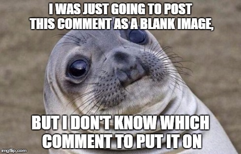 Awkward Moment Sealion Meme | I WAS JUST GOING TO POST THIS COMMENT AS A BLANK IMAGE, BUT I DON'T KNOW WHICH COMMENT TO PUT IT ON | image tagged in memes,awkward moment sealion | made w/ Imgflip meme maker