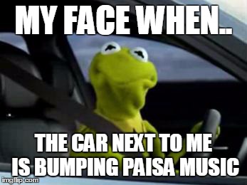 sad kermit | MY FACE WHEN.. THE CAR NEXT TO ME IS BUMPING PAISA MUSIC | image tagged in sad kermit | made w/ Imgflip meme maker