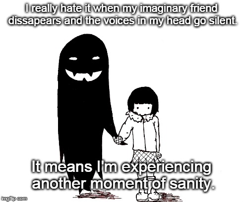 Sanity | I really hate it when my imaginary friend dissapears and the voices in my head go silent. It means I'm experiencing another moment of sanity | image tagged in funny,memes | made w/ Imgflip meme maker