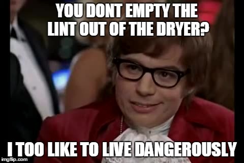 I Too Like To Live Dangerously | YOU DONT EMPTY THE LINT OUT OF THE DRYER? I TOO LIKE TO LIVE DANGEROUSLY | image tagged in memes,i too like to live dangerously | made w/ Imgflip meme maker