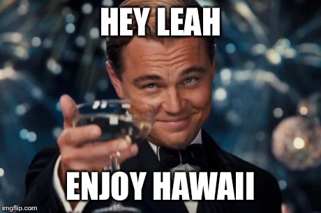 Leonardo Dicaprio Cheers | HEY LEAH ENJOY HAWAII | image tagged in memes,leonardo dicaprio cheers | made w/ Imgflip meme maker