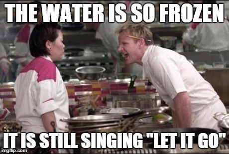 And the burner went out on the stove | THE WATER IS SO FROZEN IT IS STILL SINGING "LET IT GO" | image tagged in memes,angry chef gordon ramsay | made w/ Imgflip meme maker