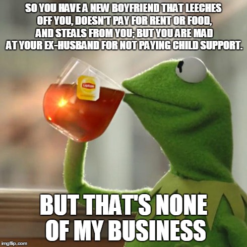 But That's None Of My Business | SO YOU HAVE A NEW BOYFRIEND THAT LEECHES OFF YOU, DOESN'T PAY FOR RENT OR FOOD, AND STEALS FROM YOU; BUT YOU ARE MAD AT YOUR EX-HUSBAND FOR  | image tagged in memes,but thats none of my business,kermit the frog | made w/ Imgflip meme maker