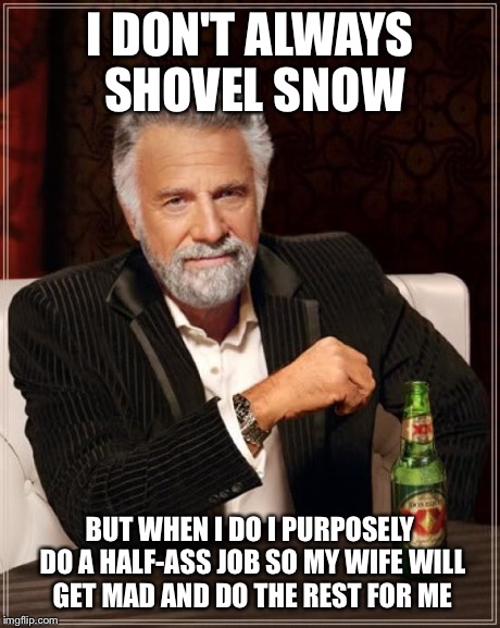 The Most Interesting Man In The World Meme | I DON'T ALWAYS SHOVEL SNOW BUT WHEN I DO I PURPOSELY DO A HALF-ASS JOB SO MY WIFE WILL GET MAD AND DO THE REST FOR ME | image tagged in memes,the most interesting man in the world | made w/ Imgflip meme maker