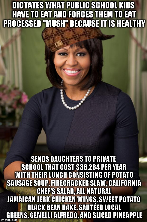 Scumbag Michelle | DICTATES WHAT PUBLIC SCHOOL KIDS HAVE TO EAT AND FORCES THEM TO EAT PROCESSED "MUSH" BECAUSE IT IS HEALTHY SENDS DAUGHTERS TO PRIVATE SCHOOL | image tagged in michelle obama,scumbag | made w/ Imgflip meme maker