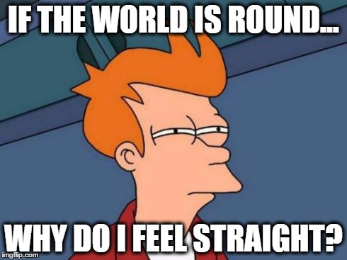 Futurama Fry | IF THE WORLD IS ROUND... WHY DO I FEEL STRAIGHT? | image tagged in memes,futurama fry | made w/ Imgflip meme maker