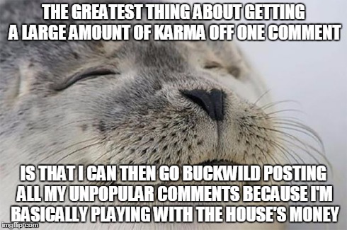 Satisfied Seal | THE GREATEST THING ABOUT GETTING A LARGE AMOUNT OF KARMA OFF ONE COMMENT IS THAT I CAN THEN GO BUCKWILD POSTING ALL MY UNPOPULAR COMMENTS BE | image tagged in memes,satisfied seal,AdviceAnimals | made w/ Imgflip meme maker