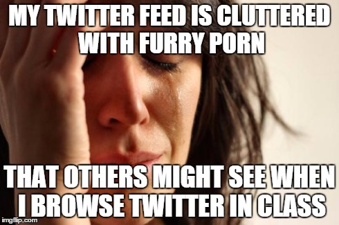 First World Problems Meme | MY TWITTER FEED IS CLUTTERED WITH FURRY PORN THAT OTHERS MIGHT SEE WHEN I BROWSE TWITTER IN CLASS | image tagged in memes,first world problems,furry | made w/ Imgflip meme maker