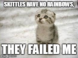 Sad Cat Meme | SKITTLES HAVE NO RAINBOWS, THEY FAILED ME | image tagged in memes,sad cat | made w/ Imgflip meme maker