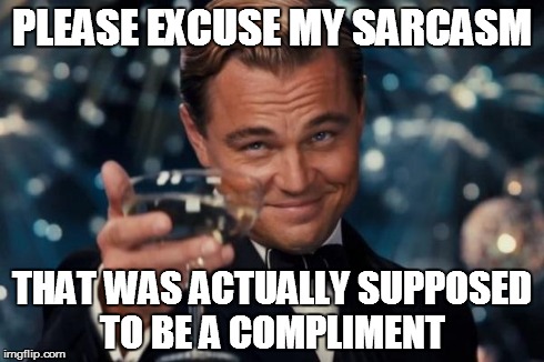 Leonardo Dicaprio Cheers | PLEASE EXCUSE MY SARCASM THAT WAS ACTUALLY SUPPOSED TO BE A COMPLIMENT | image tagged in memes,leonardo dicaprio cheers | made w/ Imgflip meme maker
