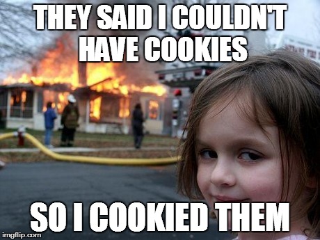 Disaster Girl Meme | THEY SAID I COULDN'T HAVE COOKIES SO I COOKIED THEM | image tagged in memes,disaster girl | made w/ Imgflip meme maker
